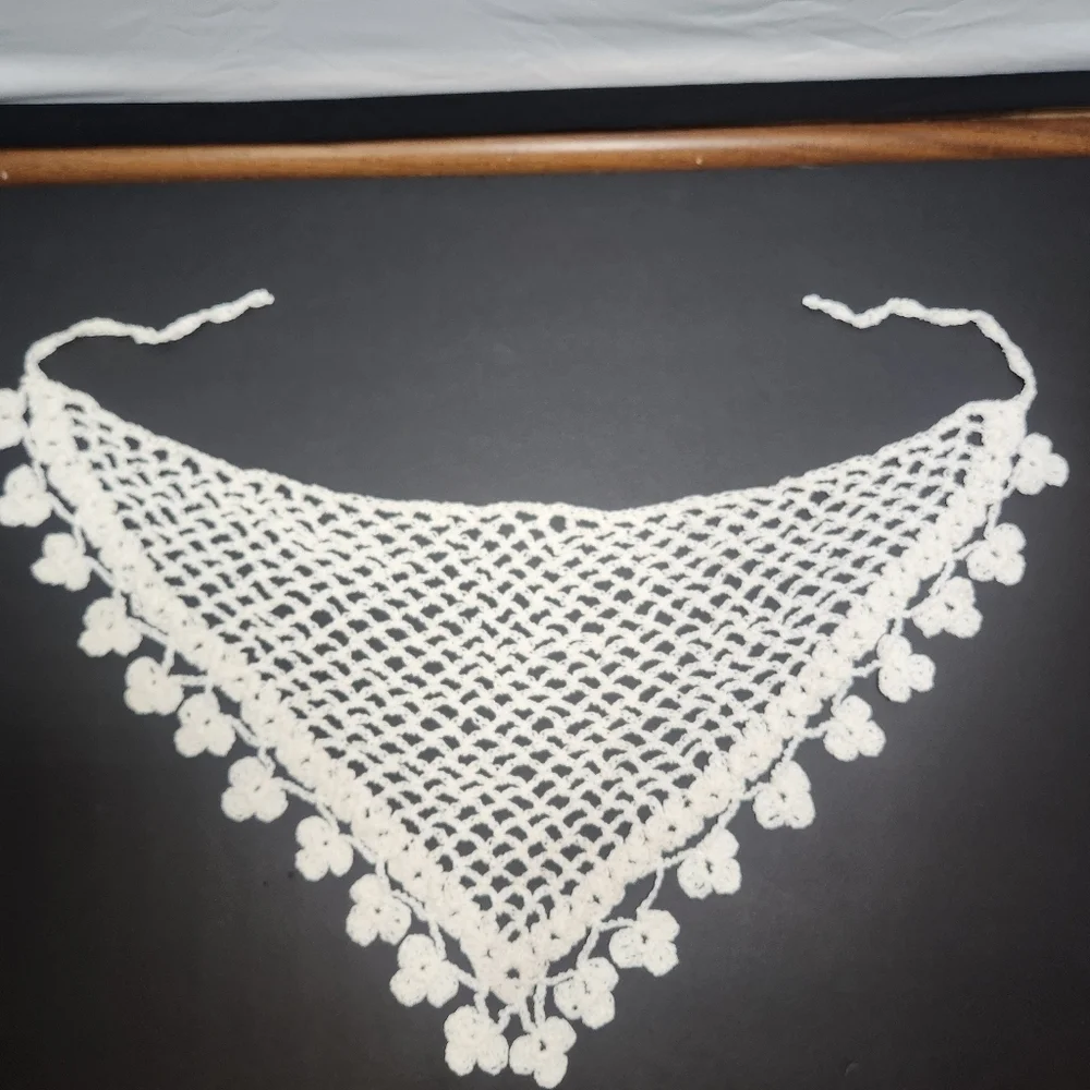Hand-made Crochet  White Mesh Hair Kerchief/Bandana with Tassel Trim